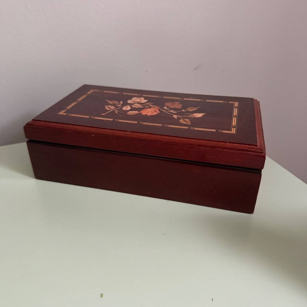 Wooden Floral Jewelry Box Mirror Ring Organizer Mahogany Finish Cottagecore